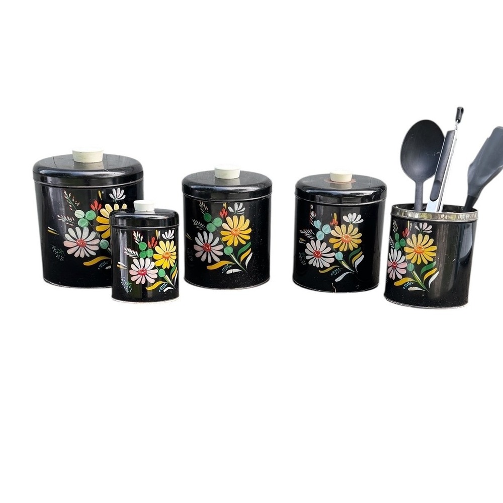 Vintage Ransburg Hand Painted Floral Black Metal Canister Set 5 Piece Toleware